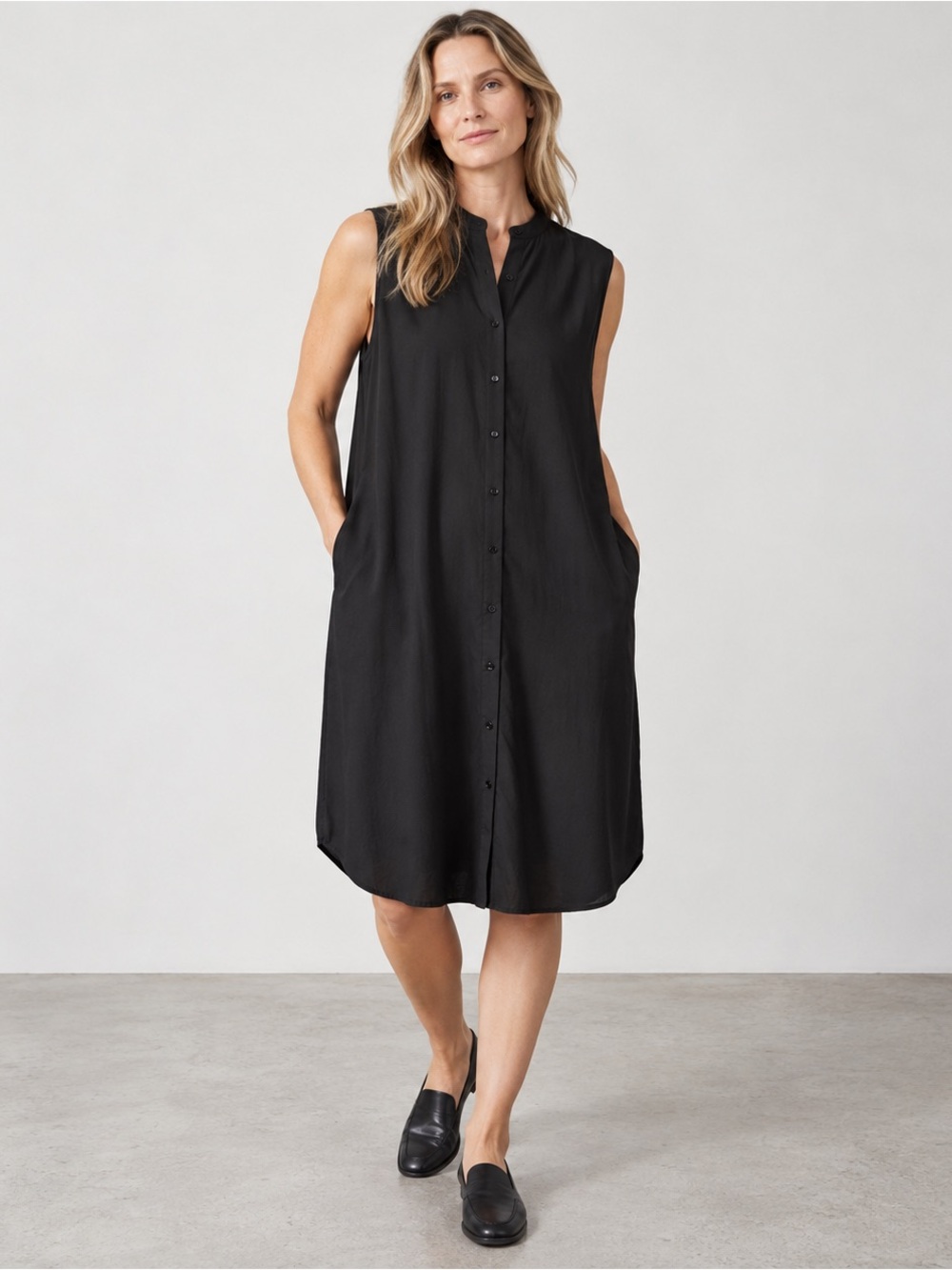 Eileen Fisher Black Tencel Mandarin Collar Button Front Dress NWT XL